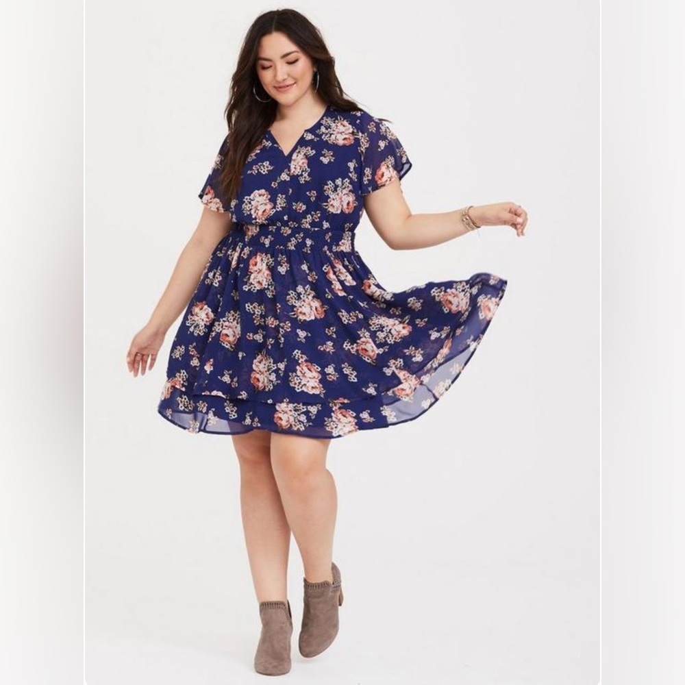 Torrid Navy Floral Smocked Chiffon Dress, 1X
